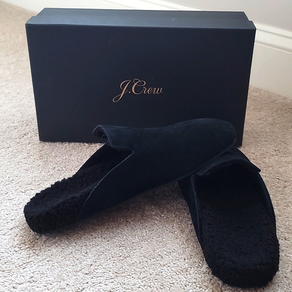 J Crew Faux Fur Lined Calf Suede Sherpa Cozy Clog Mules Black Size 11M NIB